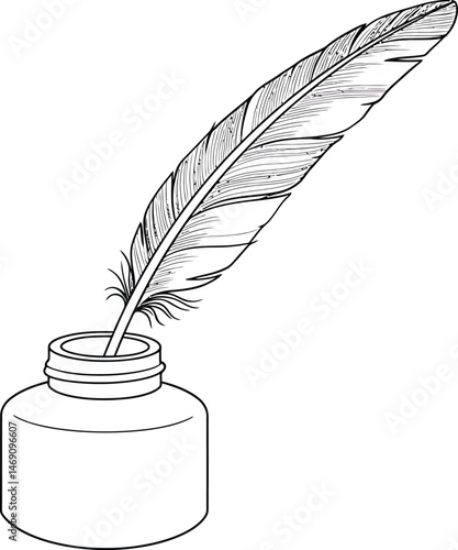 Outlined Feather Quill and Ink Pot