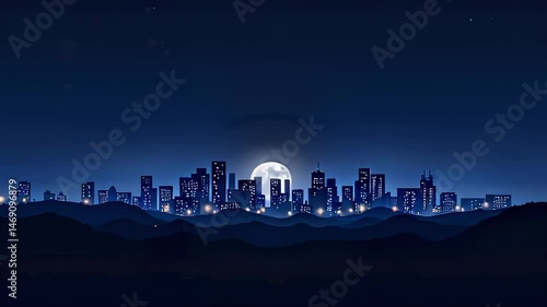 Urban skyline at night with moonlit backdrop  