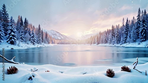 Winter landscape with snow-covered trees and a tranquil lake  