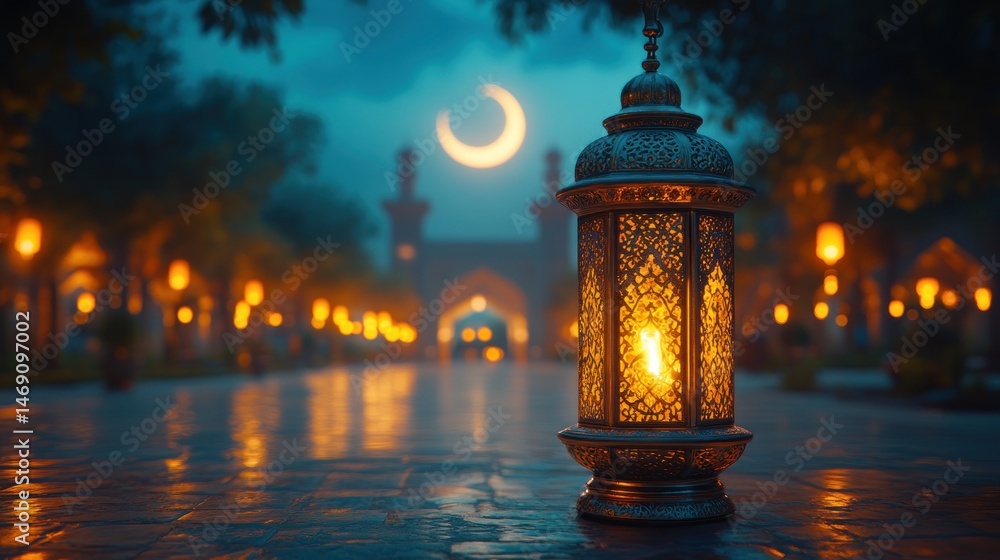 Obraz premium Illuminated lantern on a moonlit path leading to a mosque at night.