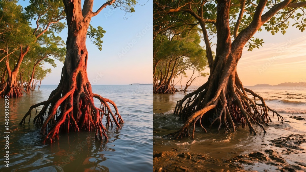 Naklejka premium Intertidal Zone of Mangrove Forest with Reflective Water Channels During High Tide Phenomenon