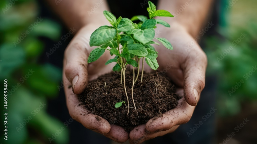 A close-up of hands holding nutrient-rich soil with small plant roots, A close-up of hands holding nutrient-rich soil with small plant roots,