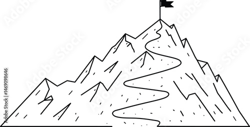 Mountain Path to Success: Outlined Trail with Flag