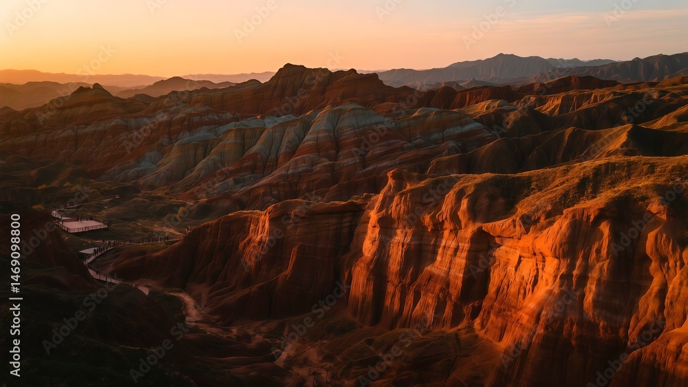 Fototapeta premium Golden Hour Illumination on Red Sandstone Formations in Desert Geological Park Landscape