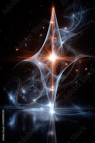Abstract futuristic visualization of interconnected light, particles, and energy trails with a central glowing burst and reflection.