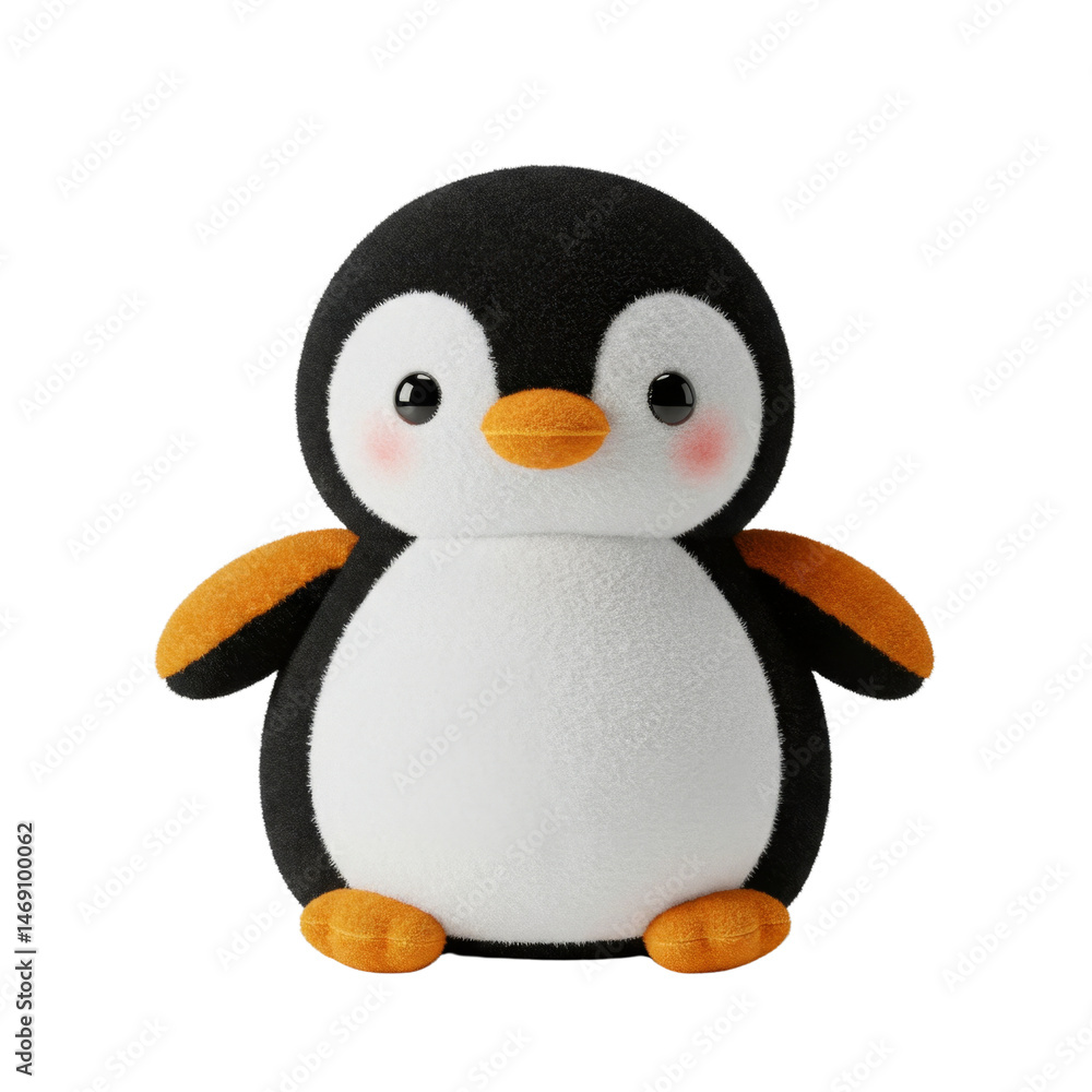Fototapeta premium Adorable black and white penguin plush toy with orange beak and feet for children and collectors on transparent background