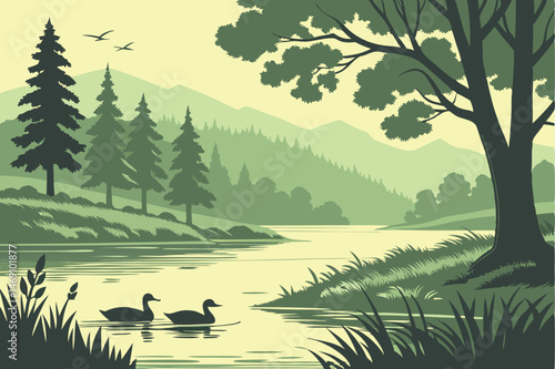 36 nature landscape, serene lake with ducks, green lush forest, morning light, vibrant colors, digital painting, detailed, cinematic, photorealistic