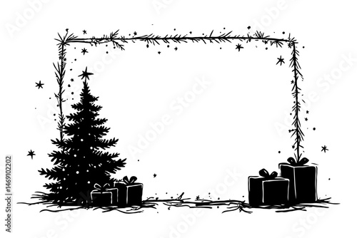 Christmas tree with gift boxes and pine garland border in hand-drawn silhouette style on white background, festive winter holiday concept