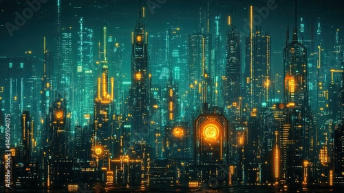 abstract colorful background with lights A glowing steampunk cityscape of neon