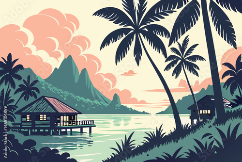 37 lush tropical coastline, tranquil lagoon, overwater bungalows, palm trees, dramatic cloudy sky, vibrant sunset colors, detailed architectural structures, serene calm waters, mysterious jungle silho