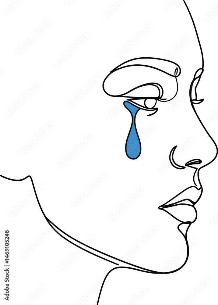 Black Profile Face with Blue Teardrop Black Profile Face with Blue Teardrop