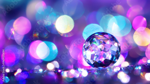 Sparkling crystal ball reflects vibrant colors dreamy, blurred background filled with bokeh lights, creating magical