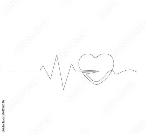 Continuous line drawing of heart with heartbeat. Pulse trace. Cardiogram icon. One line drawing. Vector illustration.