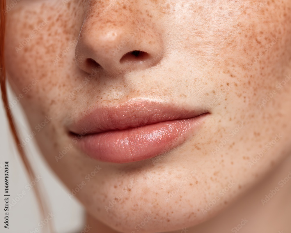 Obraz premium Close-up of lips of a fair-skinned woman with sensitive skin, no make-up, natural light, communicating skin health and sincerity.