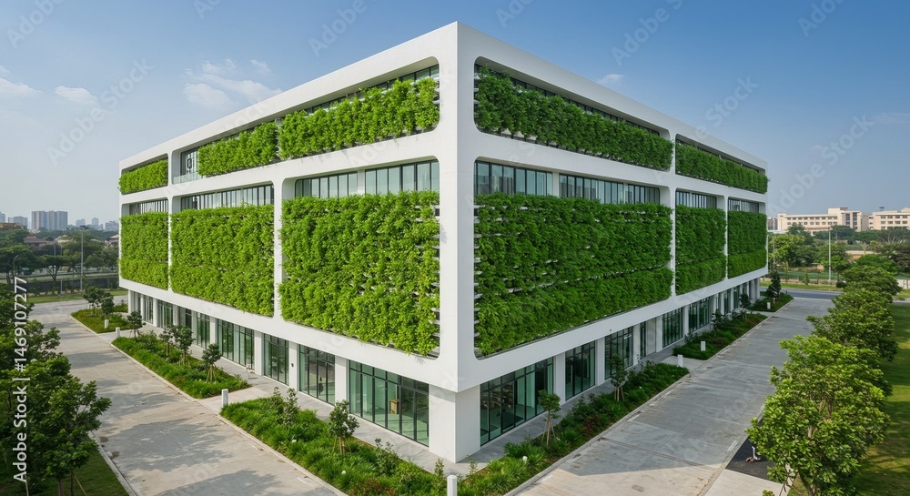 Fototapeta premium Green building facade blends nature and modern architecture