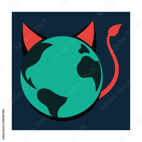 Cartoon illustration of the world planet with devil horns and a tail graphic design