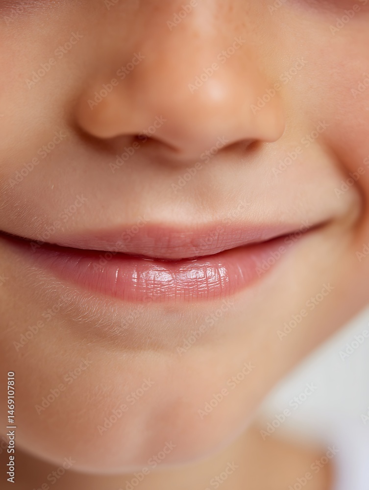 Obraz premium Macro of lips of a 5 year old tanned boy, smiling slightly, natural light, white background, conveying innocence, freshness.