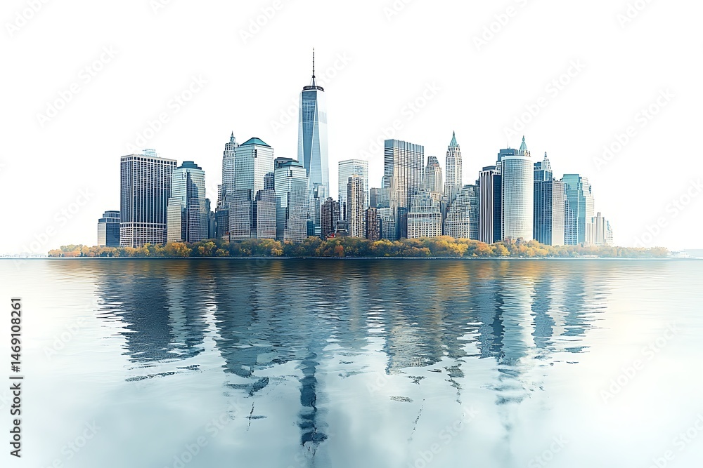 Obraz premium Downtown manhattan skyline reflected in calm water on a clear day against white sky