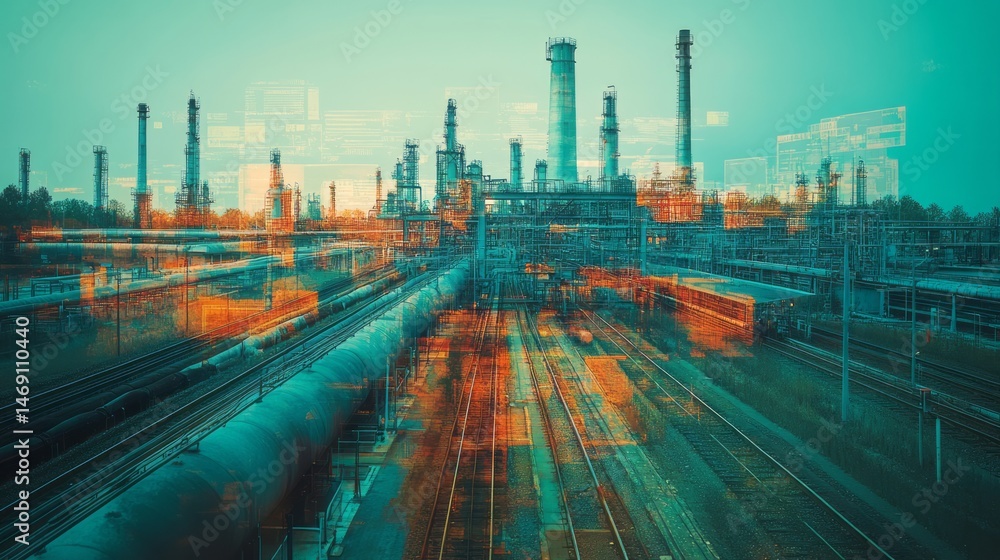 Fototapeta premium Industrial complex with double exposure effect.