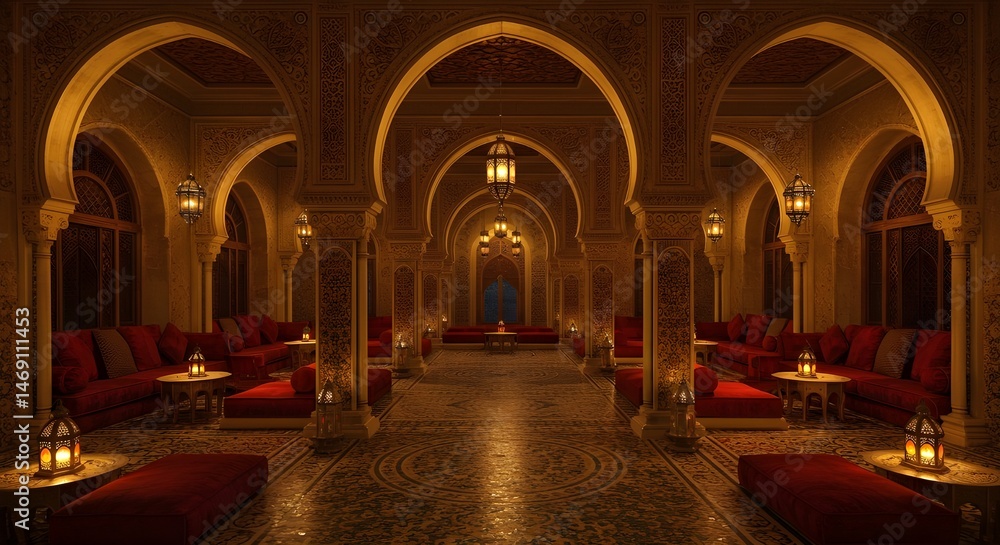 Obraz premium Ornate Moroccan Interior with Arches, Pillars, and Red Velvet Seating | Luxurious Middle Eastern Design for Travel, Architecture, and Cultural Marketing