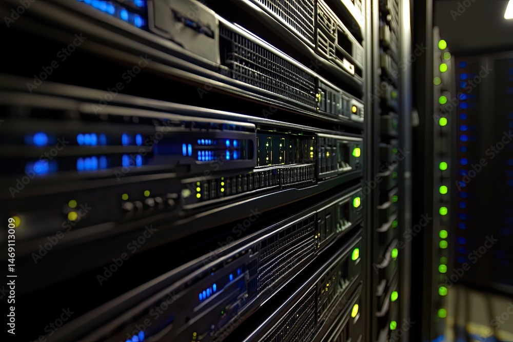 Server racks in a data center. Close-up of server components Server racks in a data center. Close-up of server components
