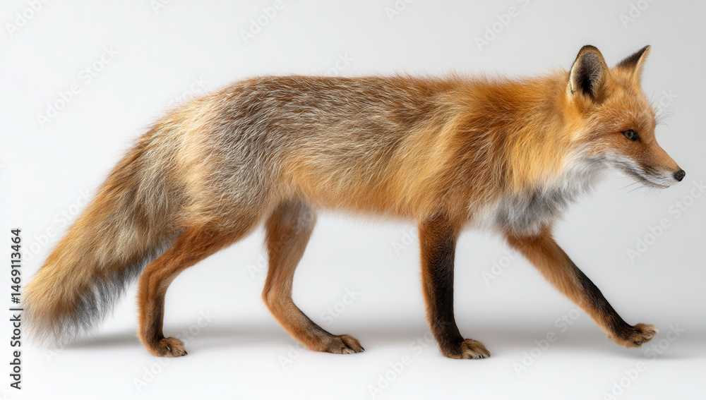 Fototapeta premium Fox walking gracefully across a light background in a studio setting during daylight hours