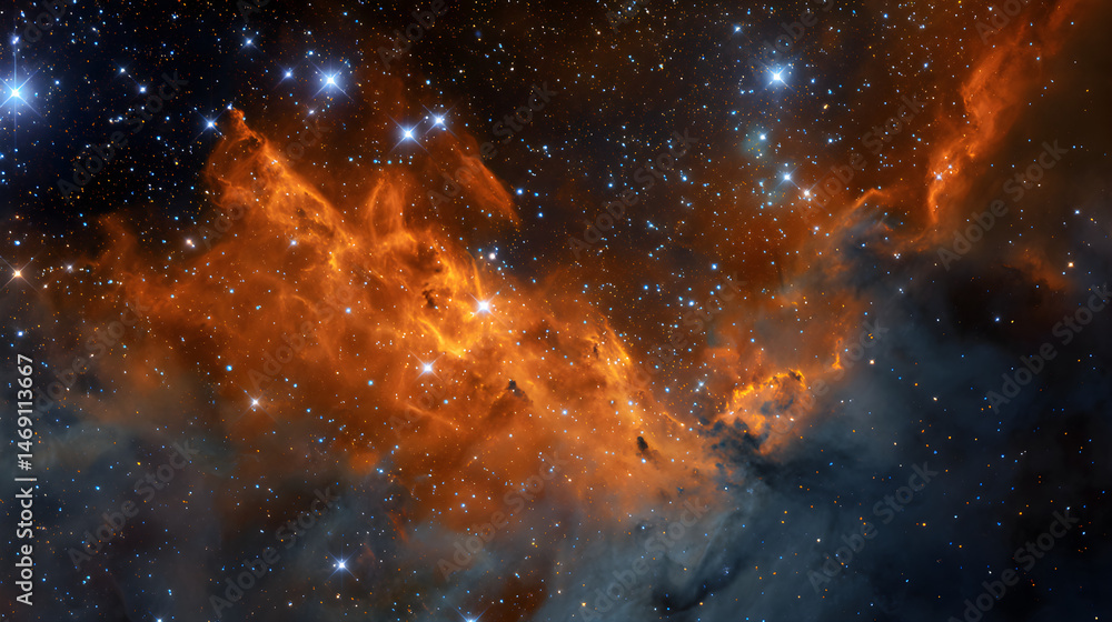 Naklejka premium Fiery orange nebula in deep space with stars scattered throughout, high contrast