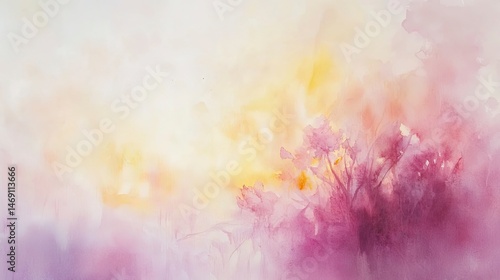 Painting of a field of flowers with a pink and yellow background. The flowers are in various sizes