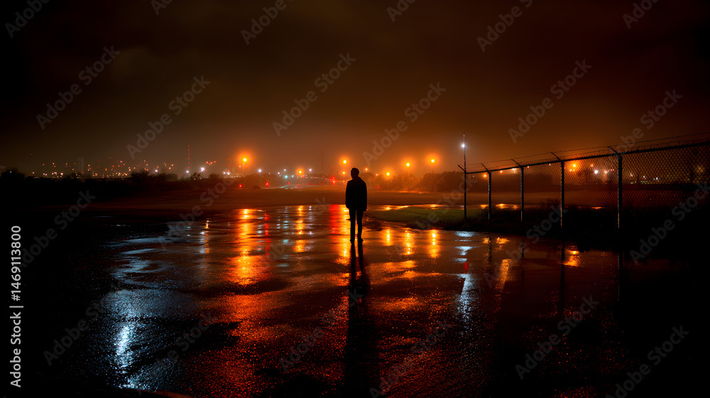 Figure standing alone in the rain at night, illuminated by distant lights and reflections Figure standing alone in the rain at night, illuminated by distant lights and reflections