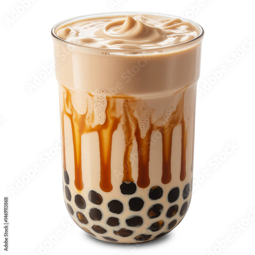 Delicious Creamy Boba Tea with Caramel Drizzle in Glass