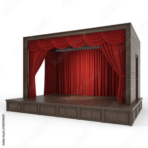 Empty Wooden Stage with Red Curtains for Theater Performance