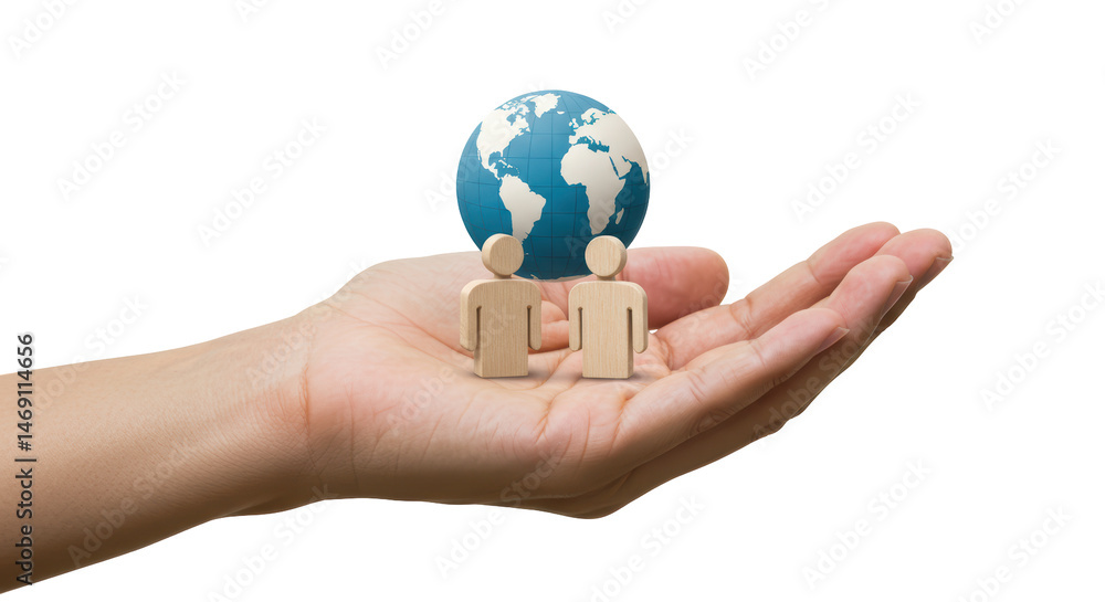 Isolated Human Hand Holding Two Wooden Figures and a Globe Isolated Human Hand Holding Two Wooden Figures and a Globe