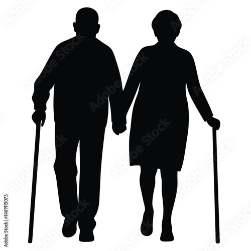 A silhouette depicts an elderly couple walking and holding hands, using canes for support
