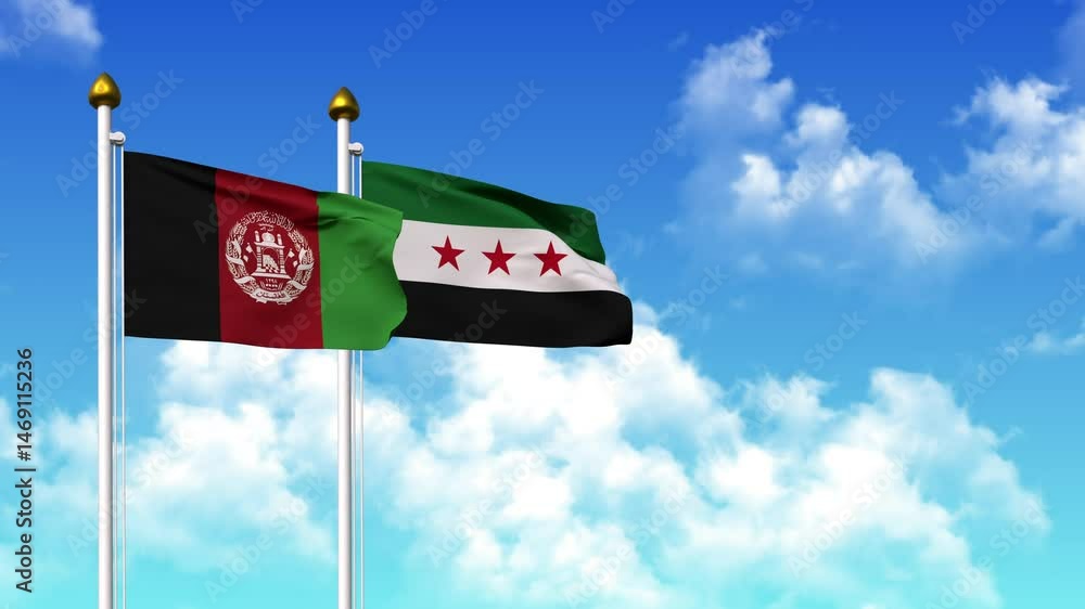 Waving flags of AFGHANISTAN and SYRIA on pole included with alpha channel Waving flags of AFGHANISTAN and SYRIA on pole included with alpha channel