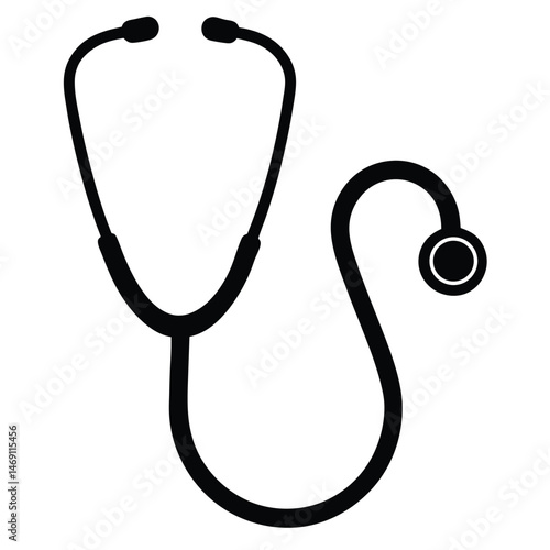 Black outline stethoscope with earpieces and chest piece curves elegantly on a white backdrop