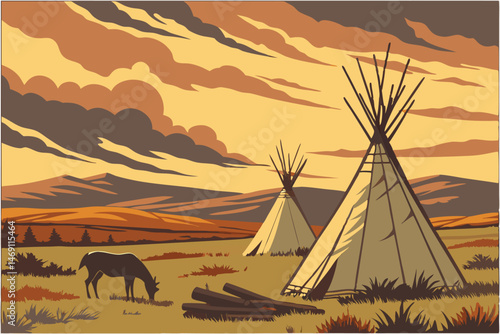 42 detailed digital painting of a rural landscape with teepees in the foreground under a dramatic sky, deer in the foreground, sunset, warm colors, photorealistic, 8k, highly detailed, cinematic, epic