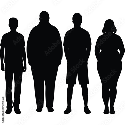 Diverse group showing various body sizes are standing in silhouette against a white background