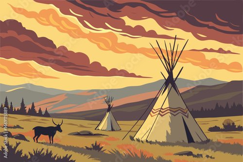 42 detailed digital painting of a rural landscape with teepees in the foreground under a dramatic sky, deer in the foreground, sunset, warm colors, photorealistic, 8k, highly detailed, cinematic, epic