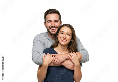 Cheerful couple standing closely embraced, expressing happiness and affection.  isolated on transparent png