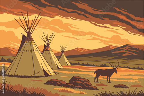 42 detailed digital painting of a rural landscape with teepees in the foreground under a dramatic sky, deer in the foreground, sunset, warm colors, photorealistic, 8k, highly detailed, cinematic, epic