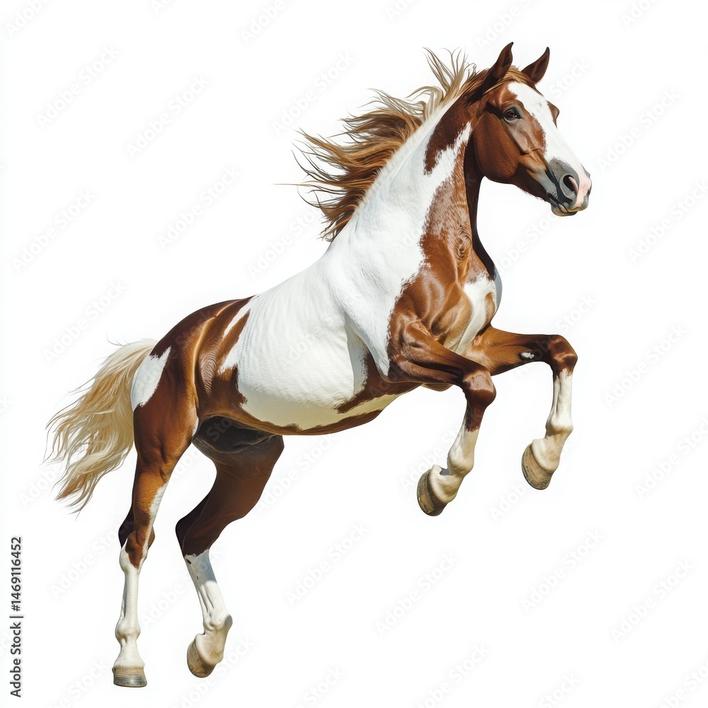 Pinto horse rearing up dynamically on a white background Pinto horse rearing up dynamically on a white background