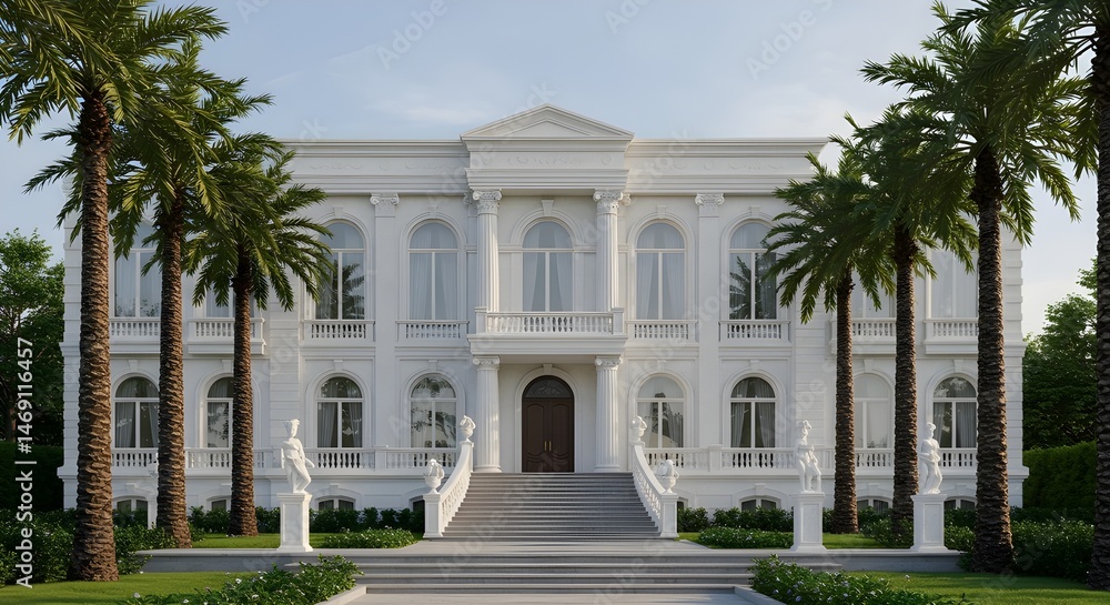 Fototapeta premium Luxury White Mansion Exterior with Palm Trees | Opulent Residence Facade with Steps and Sculptures for Real Estate Marketing and Architecture Visualization