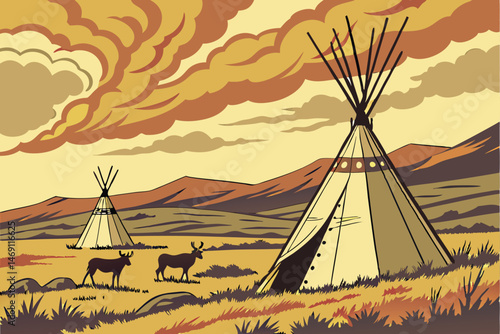 42 detailed digital painting of a rural landscape with teepees in the foreground under a dramatic sky, deer in the foreground, sunset, warm colors, photorealistic, 8k, highly detailed, cinematic, epic