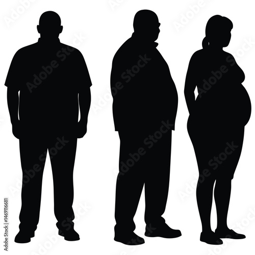Overweight people stand calmly, featuring one pregnant woman, all depicted as black silhouettes against the background