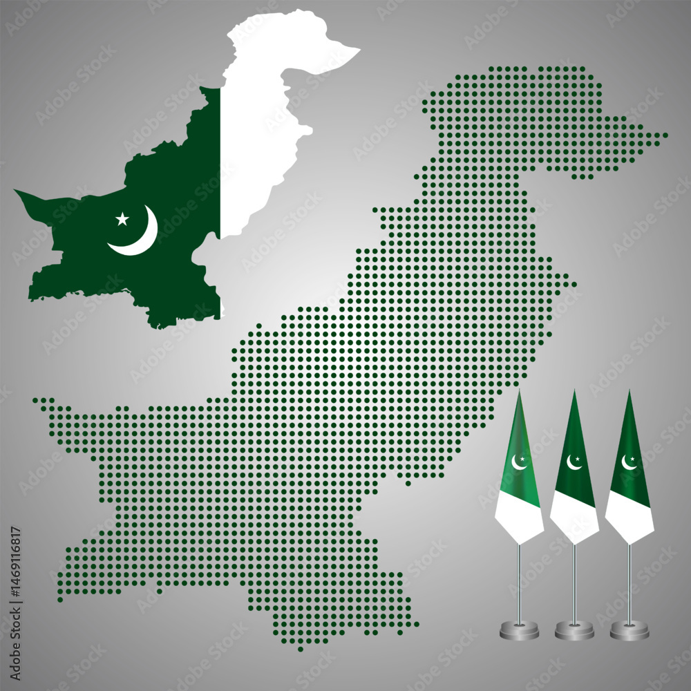 Obraz premium Pakistani realistic geopolitical dotted map. Pakistan realistic vector map with flagpole. Business solid map of Pakistan in national border. Territorial of Islamic country Pakistani dotted map.
