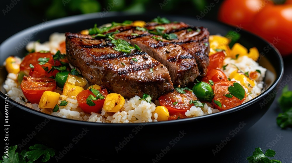 A plate of food with meat, rice, and tomatoes A plate of food with meat, rice, and tomatoes