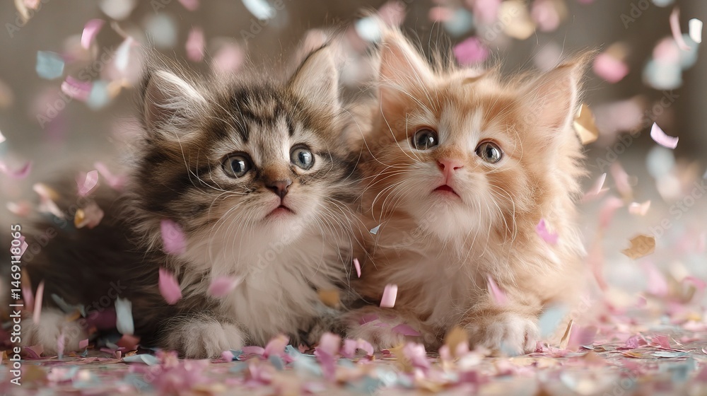 Fototapeta premium Two Fluffy Kittens Playing with Colorful Confetti in Bright Setting