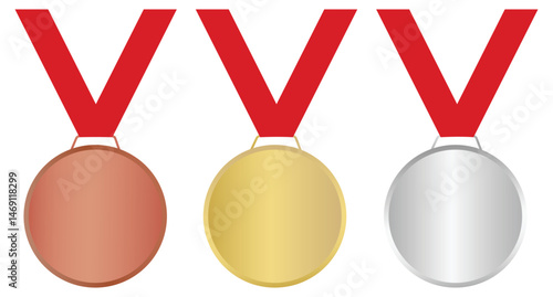 Award golden, silver and bronze medals 3d vector realistic illustration. Gold Silver Bronze sports medals, First, second and third place medals, Icons with gold, silver and bronze medals, 