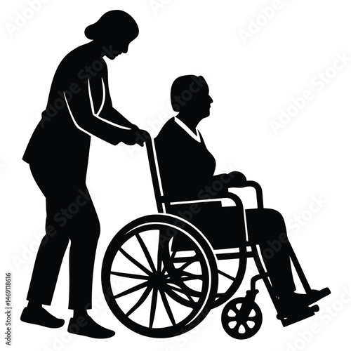 Silhouette shows caring woman assisting senior woman in wheelchair for accessible transportation needs