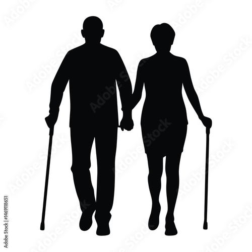 Silhouette shows an older couple walking, holding hands, and using canes for support